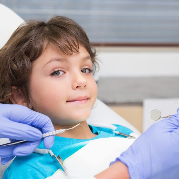 Pediatric dentist examining a little boys teeth